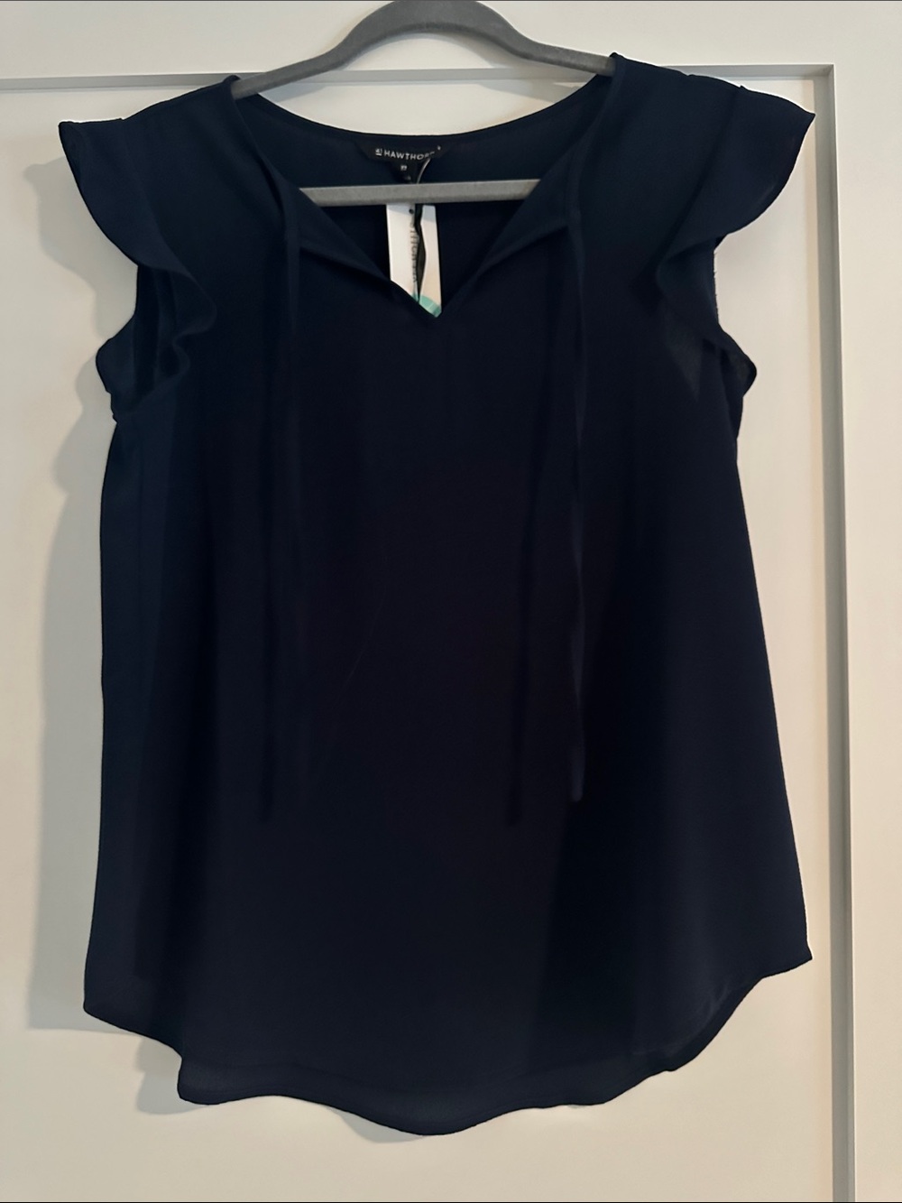 41 Hawthorn Navy Ruffle Tie-Neck Cap Sleeve Blouse